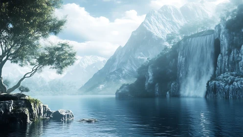 Mountain lake landscape with cliff waterfall and trees.