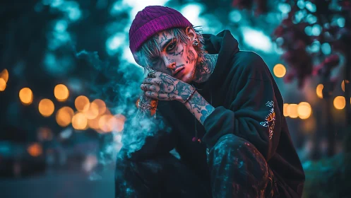 Neon dusk drifter broods in streetlit bokeh haze.