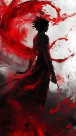 Bloodstorm warrior strides through scarlet ruptured sky.