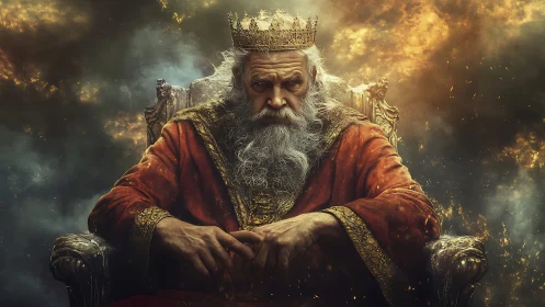 Regal elder king enthroned amid stormlit celestial inferno.