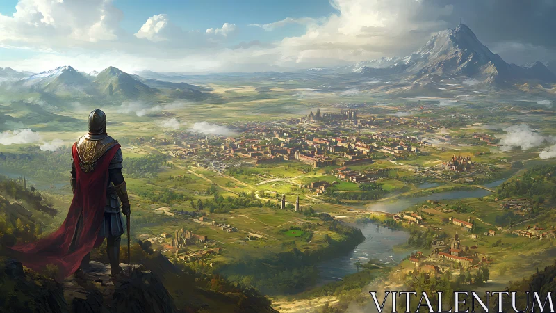 Lone armored wanderer gazes over a bright fantasy kingdom