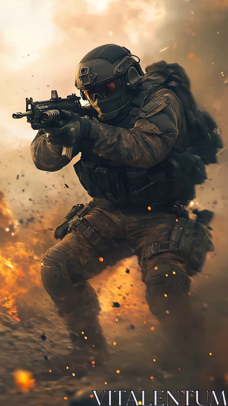 Tactical operator in explosive battlefield environment, digital realism.