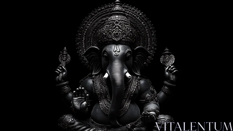 Monochrome ganesha sculpture with ornate headdress detail.