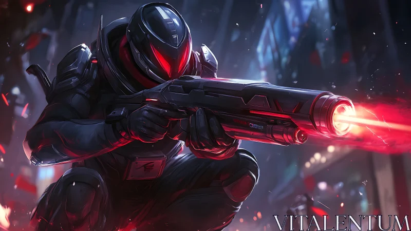 Armored cybernetic marksman fires high-energy plasma rifle in city