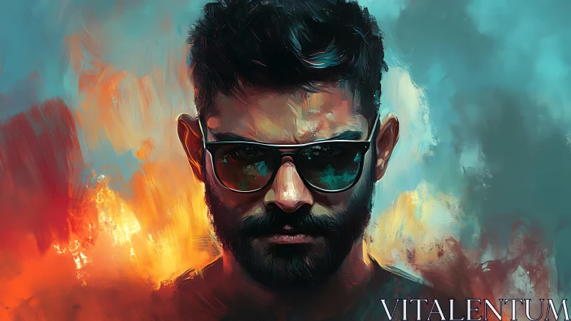 Brooding bearded man in sunglasses framed by fiery color fields.