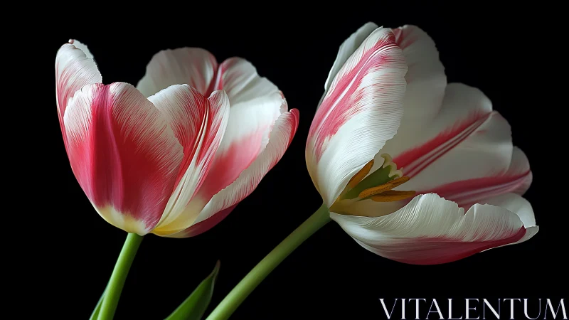 Two pink and white tulips with closed and open petals against black background.