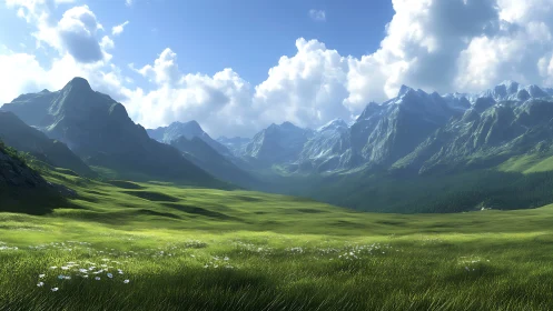 Mountain valley landscape under daylight with cloud cover.