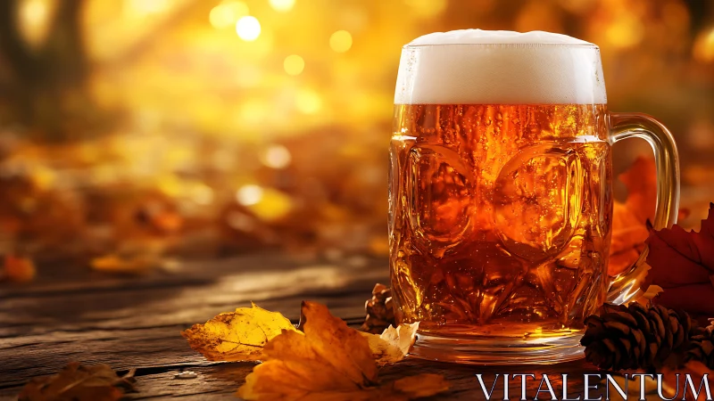Craft beer mug on rustic autumn table with warm light.