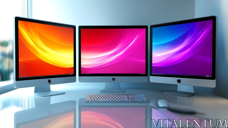 Triple-screen desktop glow with colorful modern gradients.
