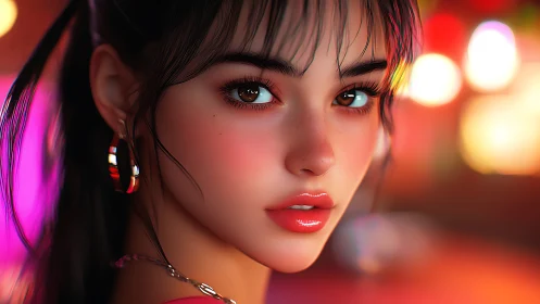 Neon-lit portrait of a glossy-lipped girl in soft focus.
