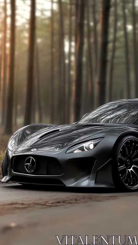Sleek black supercar glides quietly along a peaceful forest road