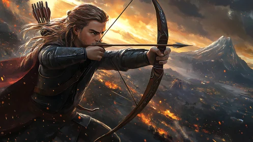 Archer draws a bow against a burning valley under storm clouds