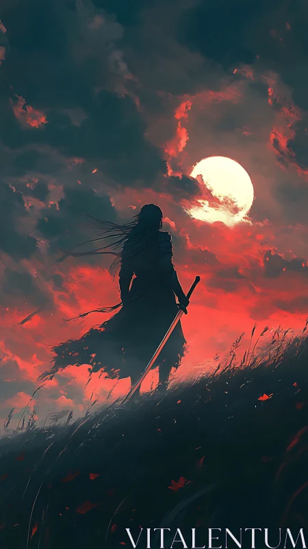 Moonlit wanderer guards a burning horizon of scarlet clouds.