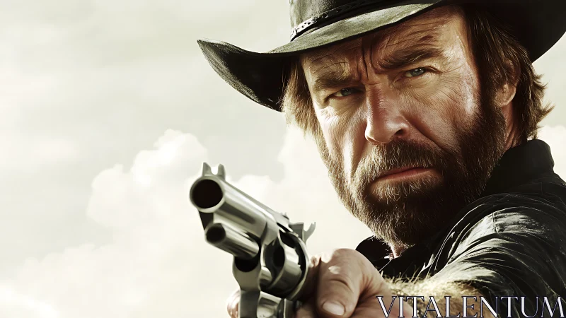 Photorealistic Western gunslinger close-up with revolver focus.