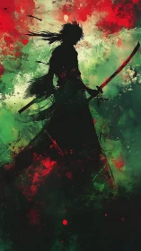 Lone samurai silhouette stands strong in swirling color storm