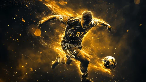 Dynamic football striker rendered in high-contrast golden motion