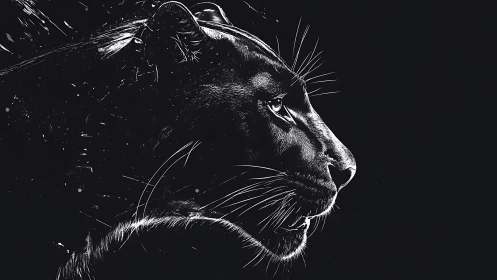 Lion Profile in High Contrast Black and White Sketch.