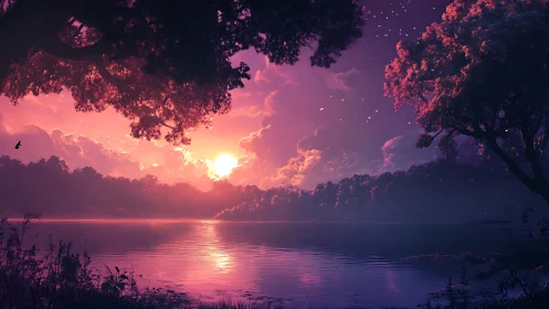 Radiant magenta sunset illuminates tranquil forest lake