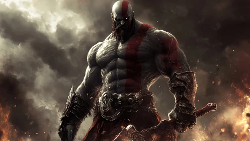 Muscular warrior rendered with high contrast lighting and volumetric fire