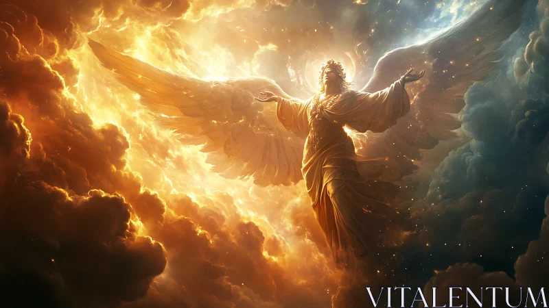 Radiant seraph ascends through blazing celestial stormscape.