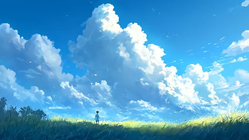 Vast summer sky towering above solitary child in field.
