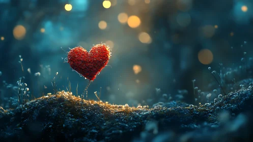 Red heart shape on rocky ground with bokeh lights.