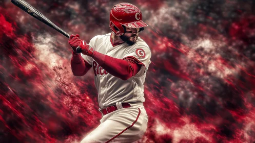Powerful baseball hitter readies a bold swing in red motion