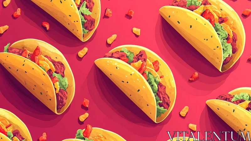 Colorful taco pattern on bold red background illustration.