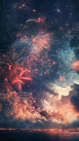 Fireworks occupy a night sky above illuminated coastal city