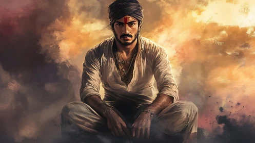 Warrior in desert dusk sits poised in fiery painted haze.