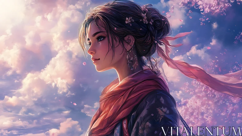 Digital painting portrait amid luminous clouds and blossoms.