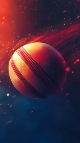 Cricket ball in motion against dark blue fiery background.