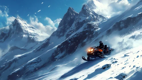 Snowmobile cutting steep slope below towering alpine peaks.