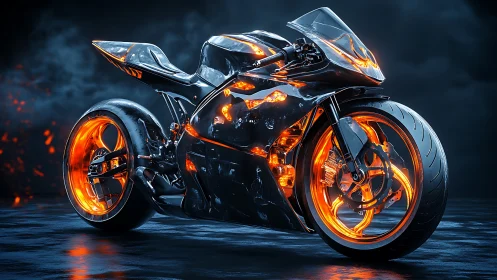 Cyberpunk sportbike with molten neon chassis detailing and glow rims.