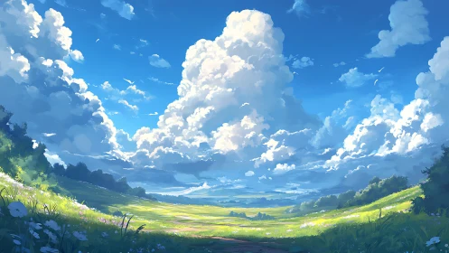 Sunlit meadow stretches beneath towering summer clouds