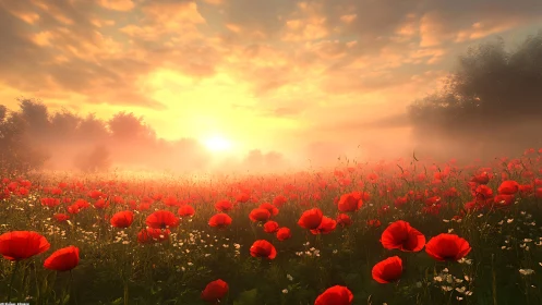 Sunlit poppy field with morning mist and distant trees.