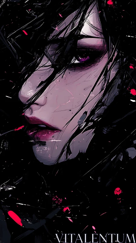 Haunting violet gaze emerges gently from the painted shadows