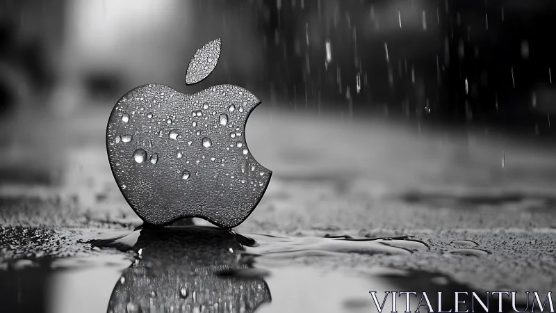 Metallic tech emblem under cinematic monochrome rainfall.