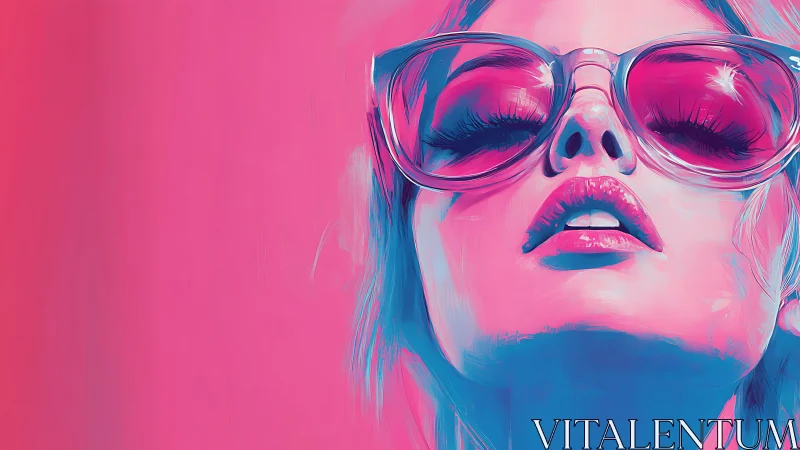Neon pink and blue portrait of woman in oversized sunglasses.
