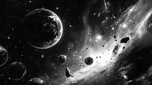 Silent orbits in a glowing black and white galaxy sky.