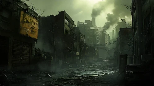 Post-apocalyptic city street choked by smoke and decay.