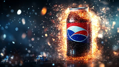 Sparkling soda can glows with energy in a burst of light