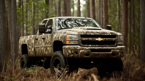Lifted camo Chevy pickup integrates tactically into dense pine forest