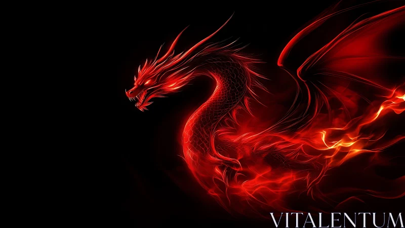 Fiery red dragon swirling in darkness with glowing wings.