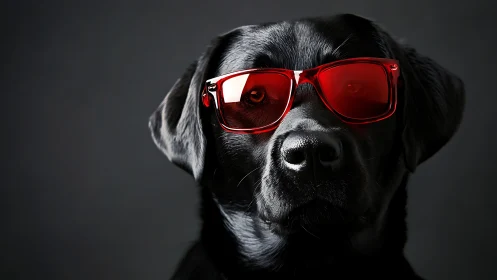 Black labrador portrait wearing bold red sunglasses.