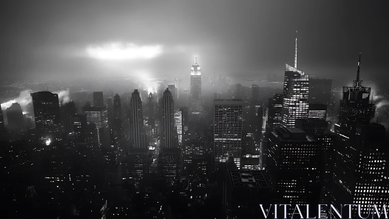 Monochrome city skyline shows dense high‑rise structures