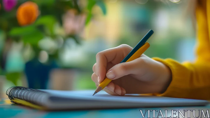 Macro-depth study of hand posture writing on spiral notebook.