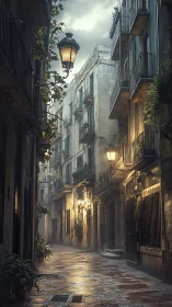 Narrow old street shows wet cobblestones and lit balconies