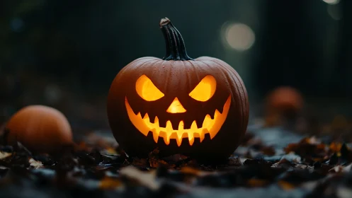 Jack-o-lantern glows sharply against blurred nocturnal forest