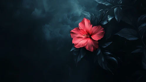 Red Hibiscus Against Dark Foliage Background.